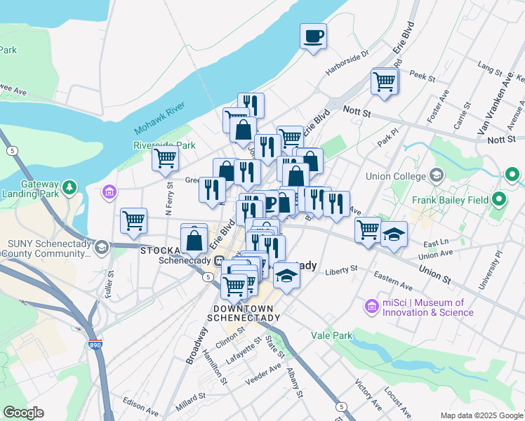map of restaurants, bars, coffee shops, grocery stores, and more near 403 Warren Street in Schenectady