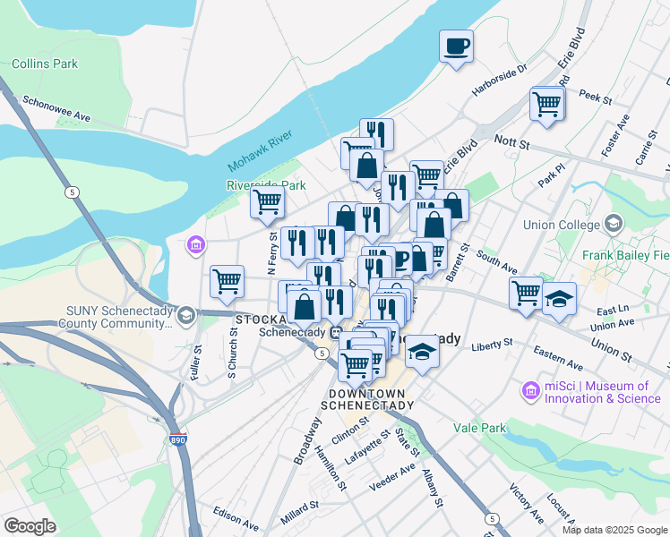 map of restaurants, bars, coffee shops, grocery stores, and more near 21 North College Street in Schenectady