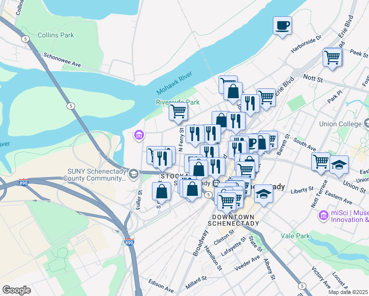 map of restaurants, bars, coffee shops, grocery stores, and more near 30 North Ferry Street in Schenectady