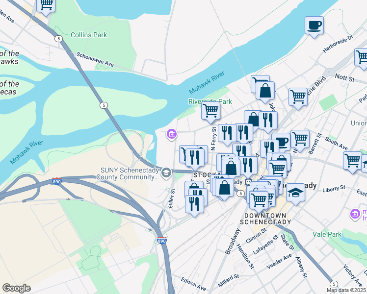 map of restaurants, bars, coffee shops, grocery stores, and more near 6 Front Street in Schenectady