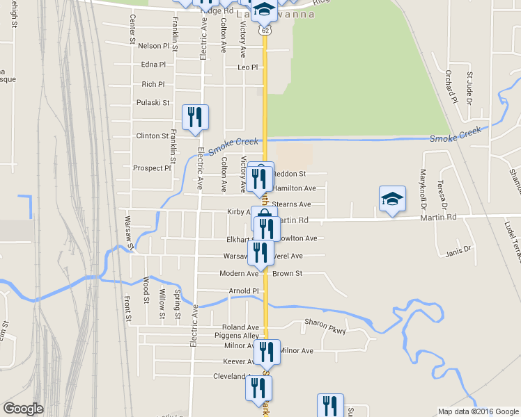 map of restaurants, bars, coffee shops, grocery stores, and more near 74 Saint Johns Place in Lackawanna