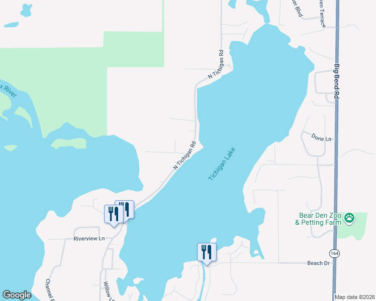 map of restaurants, bars, coffee shops, grocery stores, and more near 7156 North Tichigan Road in Waterford