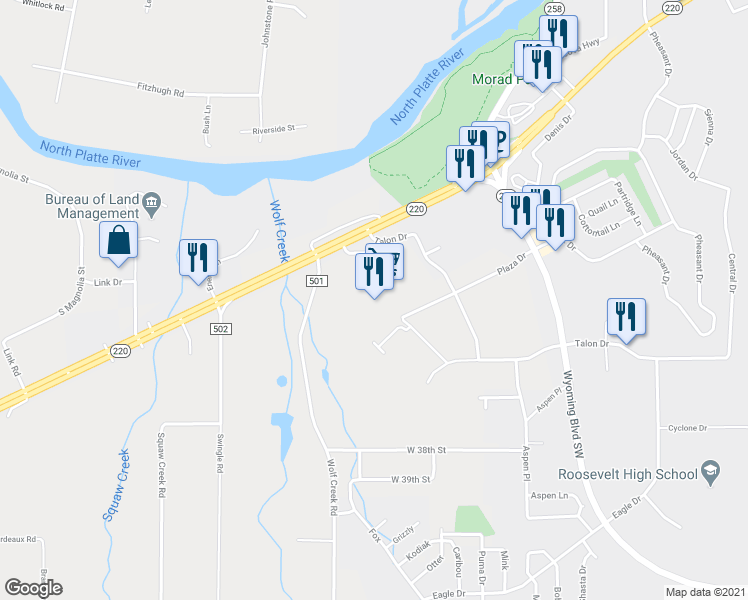map of restaurants, bars, coffee shops, grocery stores, and more near 4255 CY Avenue in Casper