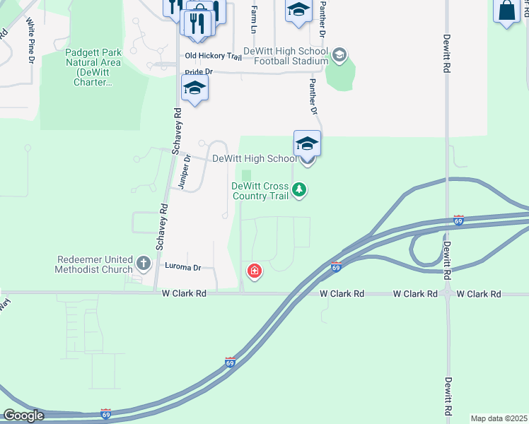map of restaurants, bars, coffee shops, grocery stores, and more near 3080 Moccasin Drive in DeWitt