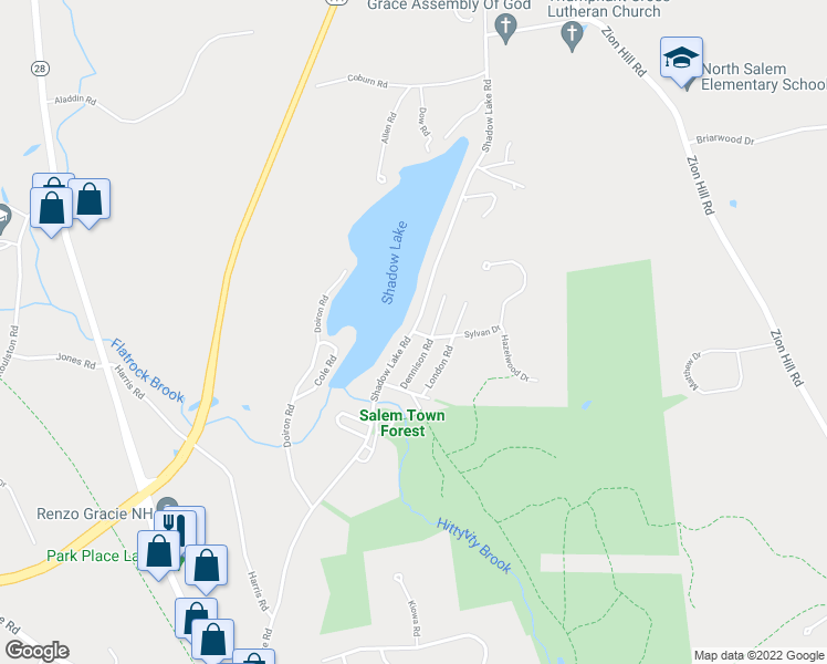 map of restaurants, bars, coffee shops, grocery stores, and more near 2 Sylvan Drive in Salem