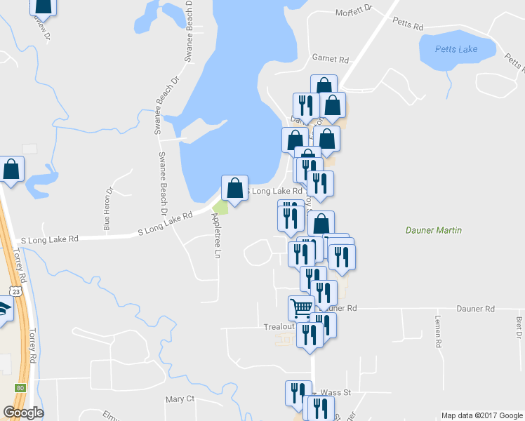 map of restaurants, bars, coffee shops, grocery stores, and more near 2075 South Long Lake Road in Fenton