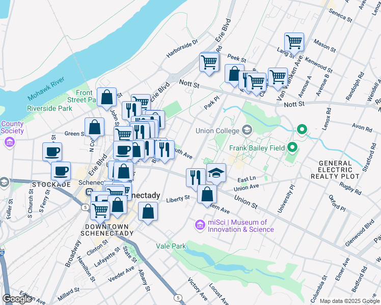 map of restaurants, bars, coffee shops, grocery stores, and more near 215 Seward Place in Schenectady