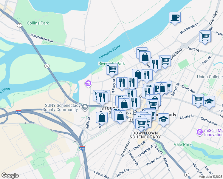 map of restaurants, bars, coffee shops, grocery stores, and more near 30 North Ferry Street in Schenectady