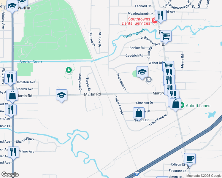 map of restaurants, bars, coffee shops, grocery stores, and more near 538 South Shore Boulevard in Buffalo
