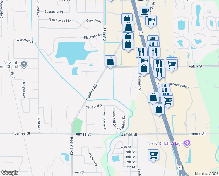 map of restaurants, bars, coffee shops, grocery stores, and more near 2756 Beeline Road in Holland