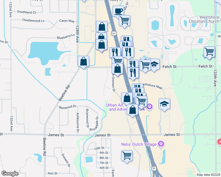 map of restaurants, bars, coffee shops, grocery stores, and more near 2712 Kragspough Court in Holland