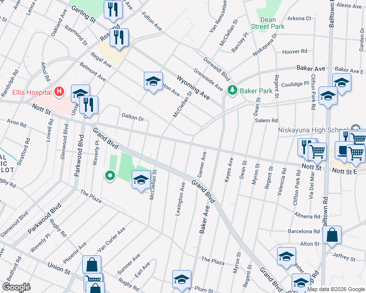 map of restaurants, bars, coffee shops, grocery stores, and more near 1653 Nott Street in Schenectady