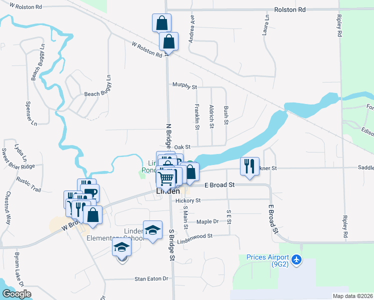 map of restaurants, bars, coffee shops, grocery stores, and more near 201 Oak Street in Linden