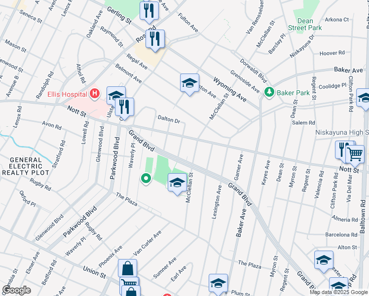 map of restaurants, bars, coffee shops, grocery stores, and more near 1520 Nott Street in Schenectady