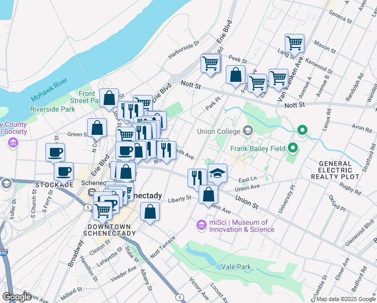 map of restaurants, bars, coffee shops, grocery stores, and more near 106 Park Place in Schenectady