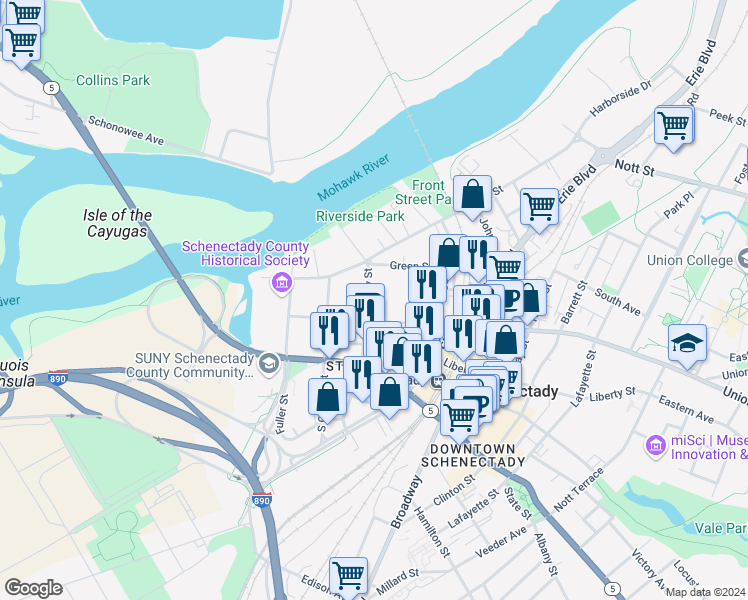 map of restaurants, bars, coffee shops, grocery stores, and more near 30 North Ferry Street in Schenectady