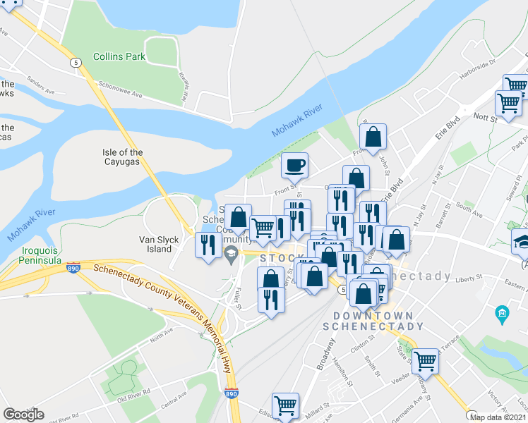 map of restaurants, bars, coffee shops, grocery stores, and more near 6 Front Street in Schenectady