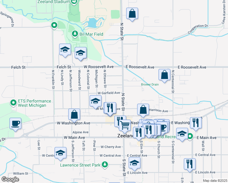 map of restaurants, bars, coffee shops, grocery stores, and more near 37 West Garfield Avenue in Zeeland