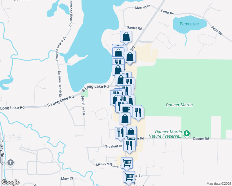 map of restaurants, bars, coffee shops, grocery stores, and more near 2033 South Long Lake Road in Fenton