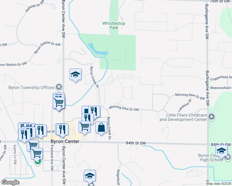 map of restaurants, bars, coffee shops, grocery stores, and more near 2148 Creekside Drive Southwest in Byron Center
