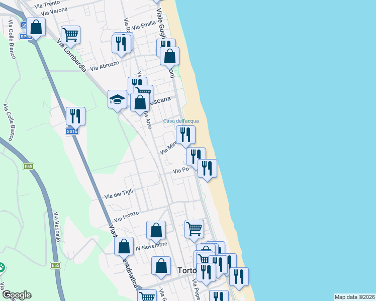 map of restaurants, bars, coffee shops, grocery stores, and more near 322-326 Viale G. Marconi in Alba Adriatica