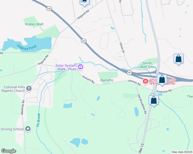 map of restaurants, bars, coffee shops, grocery stores, and more near 107 Armory Road in Milford