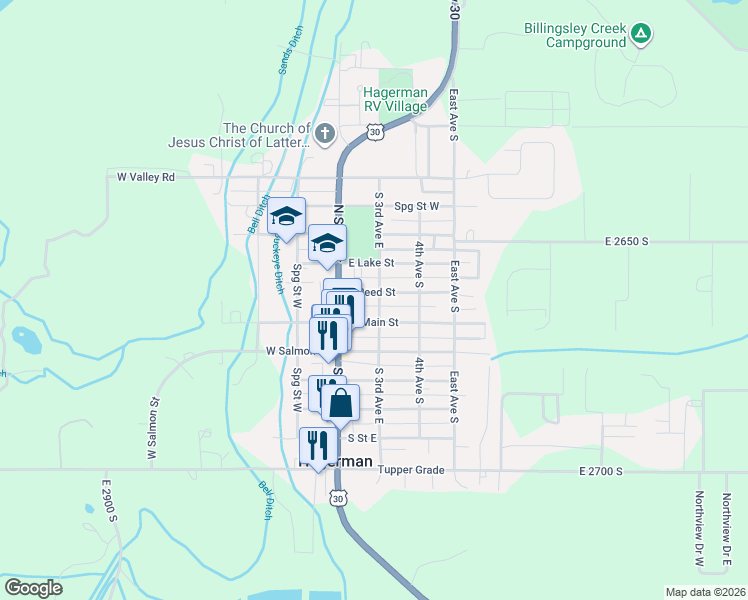 map of restaurants, bars, coffee shops, grocery stores, and more near 161 East Reed Street in Hagerman