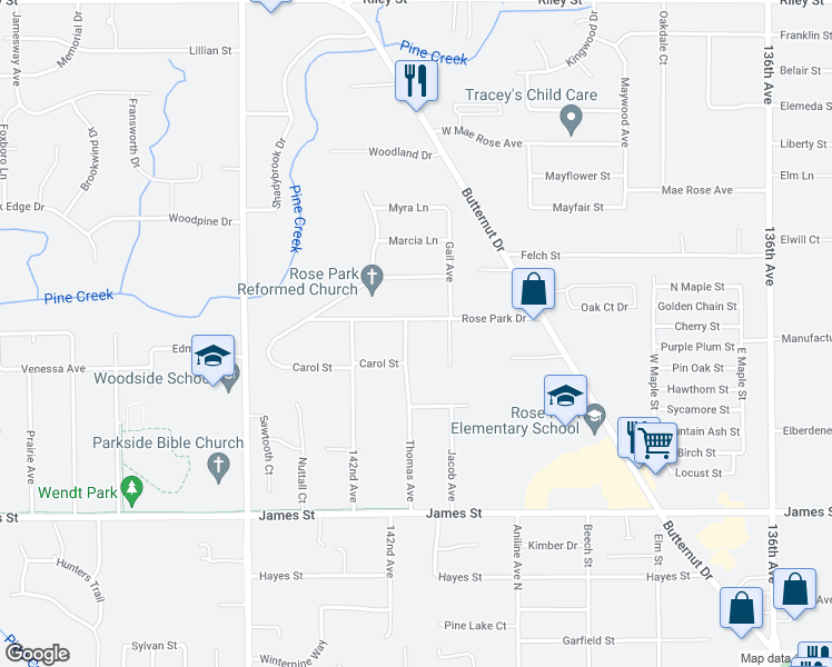 map of restaurants, bars, coffee shops, grocery stores, and more near 655 Thomas Avenue in Holland