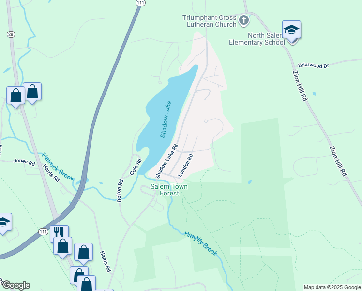 map of restaurants, bars, coffee shops, grocery stores, and more near 96 Shadow Lake Road in Salem