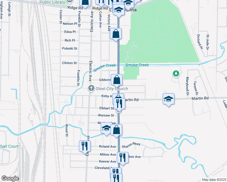 map of restaurants, bars, coffee shops, grocery stores, and more near 74 Saint Johns Place in Lackawanna