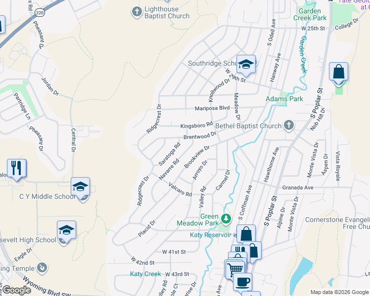 map of restaurants, bars, coffee shops, grocery stores, and more near 3221 Saratoga Road in Casper