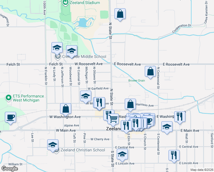 map of restaurants, bars, coffee shops, grocery stores, and more near 36 West Madison Avenue in Zeeland