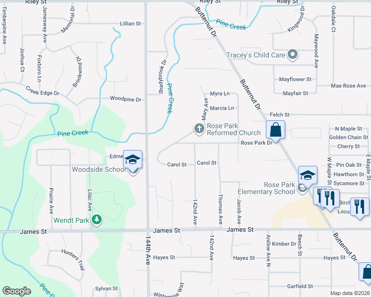 map of restaurants, bars, coffee shops, grocery stores, and more near 14240 Rose Park Drive in Holland