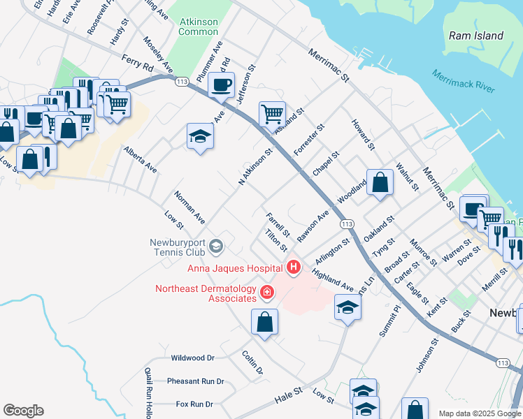 map of restaurants, bars, coffee shops, grocery stores, and more near 17 Farrell Street in Newburyport