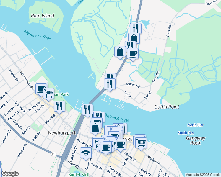 map of restaurants, bars, coffee shops, grocery stores, and more near 175 Bridge Road in Salisbury