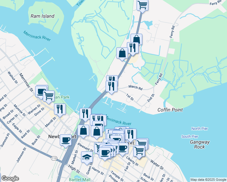 map of restaurants, bars, coffee shops, grocery stores, and more near 175 Bridge Road in Salisbury