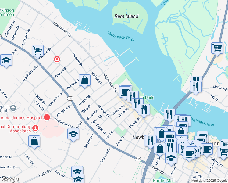 map of restaurants, bars, coffee shops, grocery stores, and more near 6 Tyng Street in Newburyport