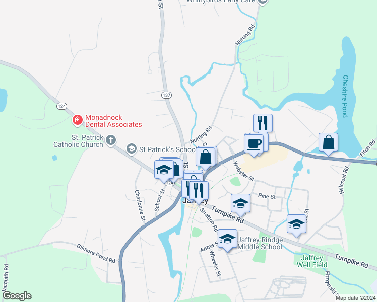 map of restaurants, bars, coffee shops, grocery stores, and more near 4 Nutting Road in Jaffrey