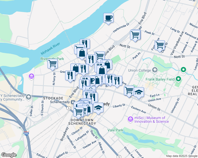 map of restaurants, bars, coffee shops, grocery stores, and more near in Schenectady