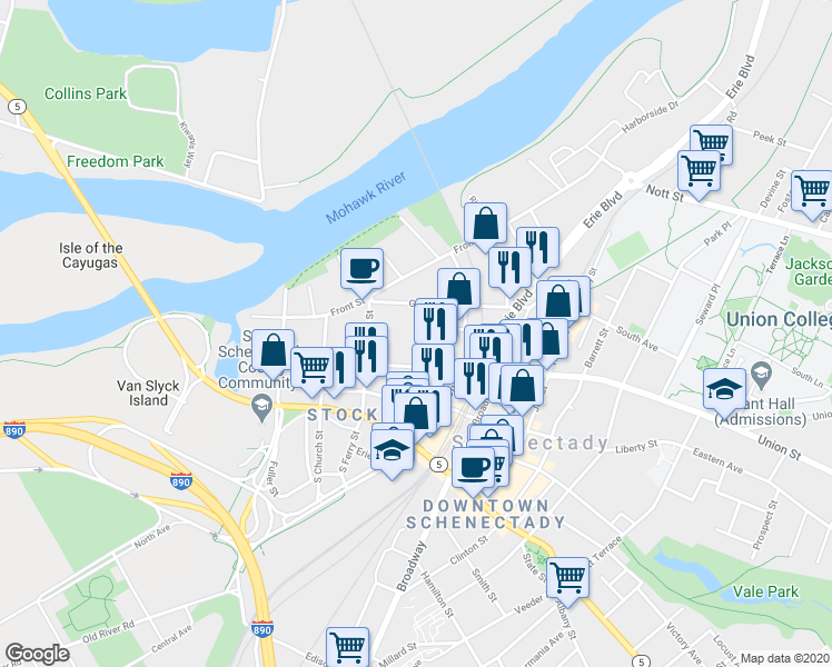 map of restaurants, bars, coffee shops, grocery stores, and more near 217 1/2 Union Street in Schenectady