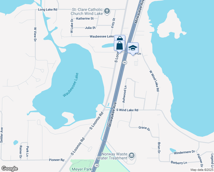 map of restaurants, bars, coffee shops, grocery stores, and more near 7138 South Loomis Road in Wind Lake