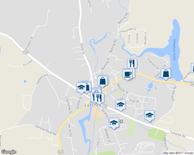 map of restaurants, bars, coffee shops, grocery stores, and more near 4 Nutting Road in Jaffrey