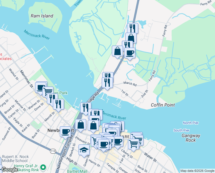 map of restaurants, bars, coffee shops, grocery stores, and more near 175 Bridge Road in Salisbury