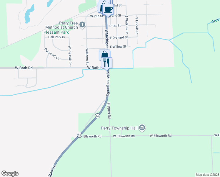 map of restaurants, bars, coffee shops, grocery stores, and more near 12131 Michigan 52 in Perry