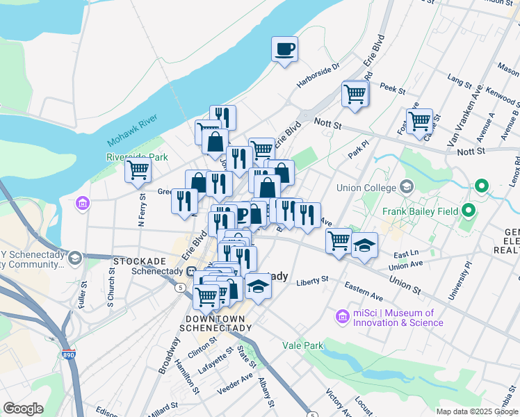 map of restaurants, bars, coffee shops, grocery stores, and more near in Schenectady