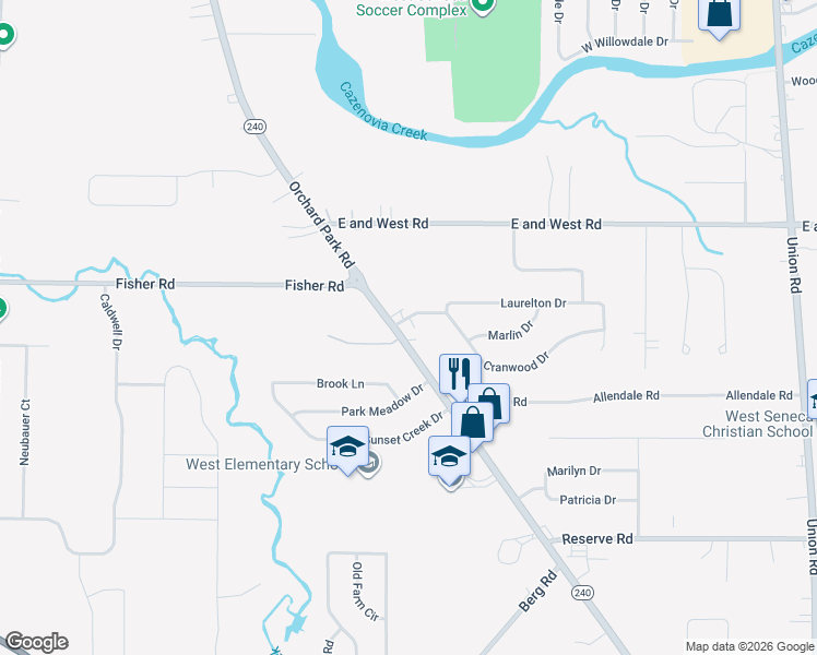 map of restaurants, bars, coffee shops, grocery stores, and more near 1190 Orchard Park Road in West Seneca