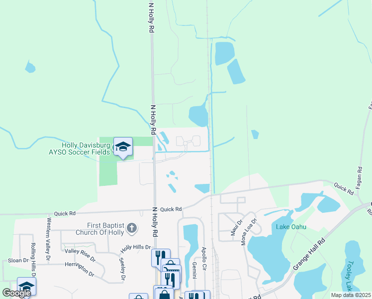 map of restaurants, bars, coffee shops, grocery stores, and more near 4187 Stonebridge Drive in Holly