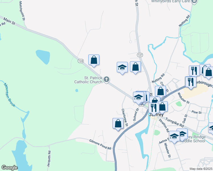 map of restaurants, bars, coffee shops, grocery stores, and more near 89 Main Street in Jaffrey