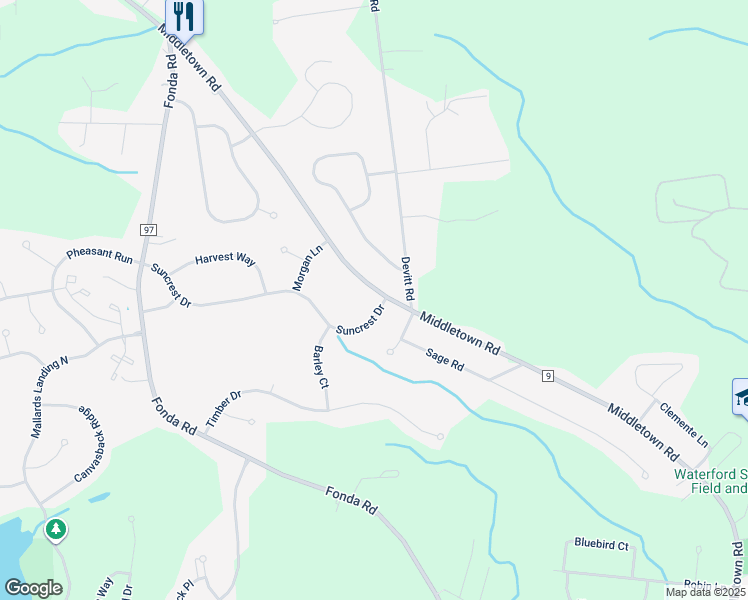map of restaurants, bars, coffee shops, grocery stores, and more near 1 Suncrest Drive in Waterford