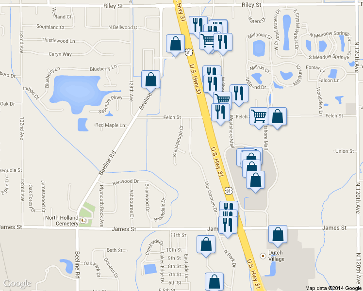 map of restaurants, bars, coffee shops, grocery stores, and more near 2712 Kragspough Court in Holland